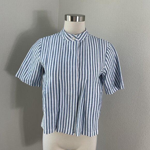 KOTN Tops - KOTN Shirt Womens Petite Small Blue Stripe Cropped Button Front Top Cotton Linen